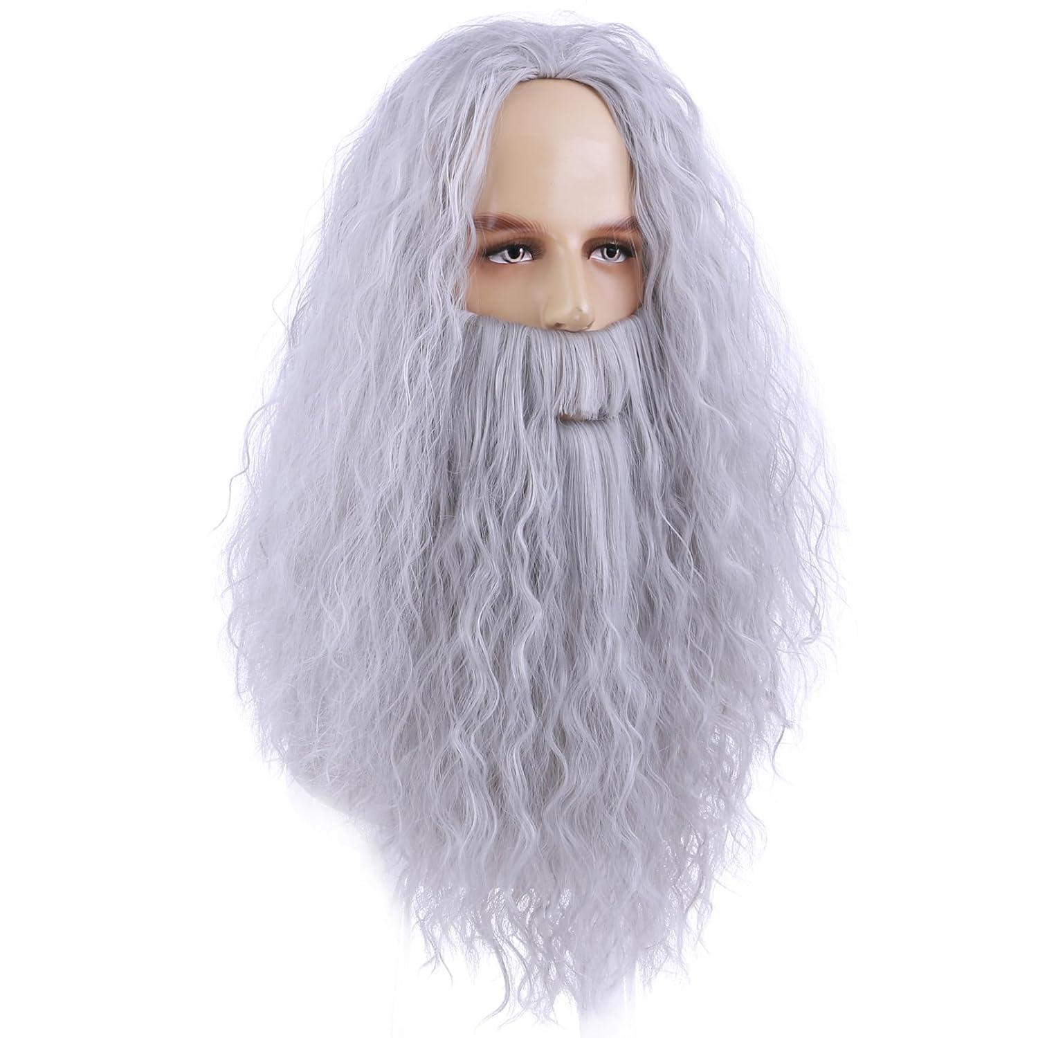 imageMens Wigs and Beard Long Gray Wig for Men Long Gray Cosplay Halloween Costume Synthetic Wigs with Wig CapGray