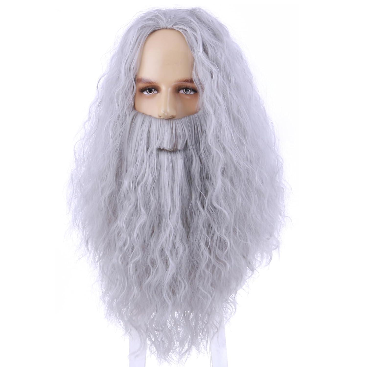 imageMens Wigs and Beard Long Gray Wig for Men Long Gray Cosplay Halloween Costume Synthetic Wigs with Wig CapGray