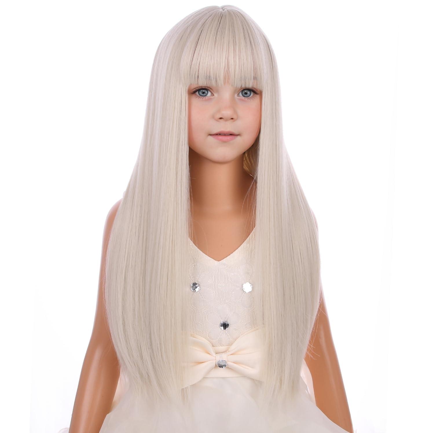 imagePlatinum Blonde Wig with Bangs for Kids Girls Long White Blonde Straight Wig for Child Heat Resistant Synthetic Wig with Wig Cap