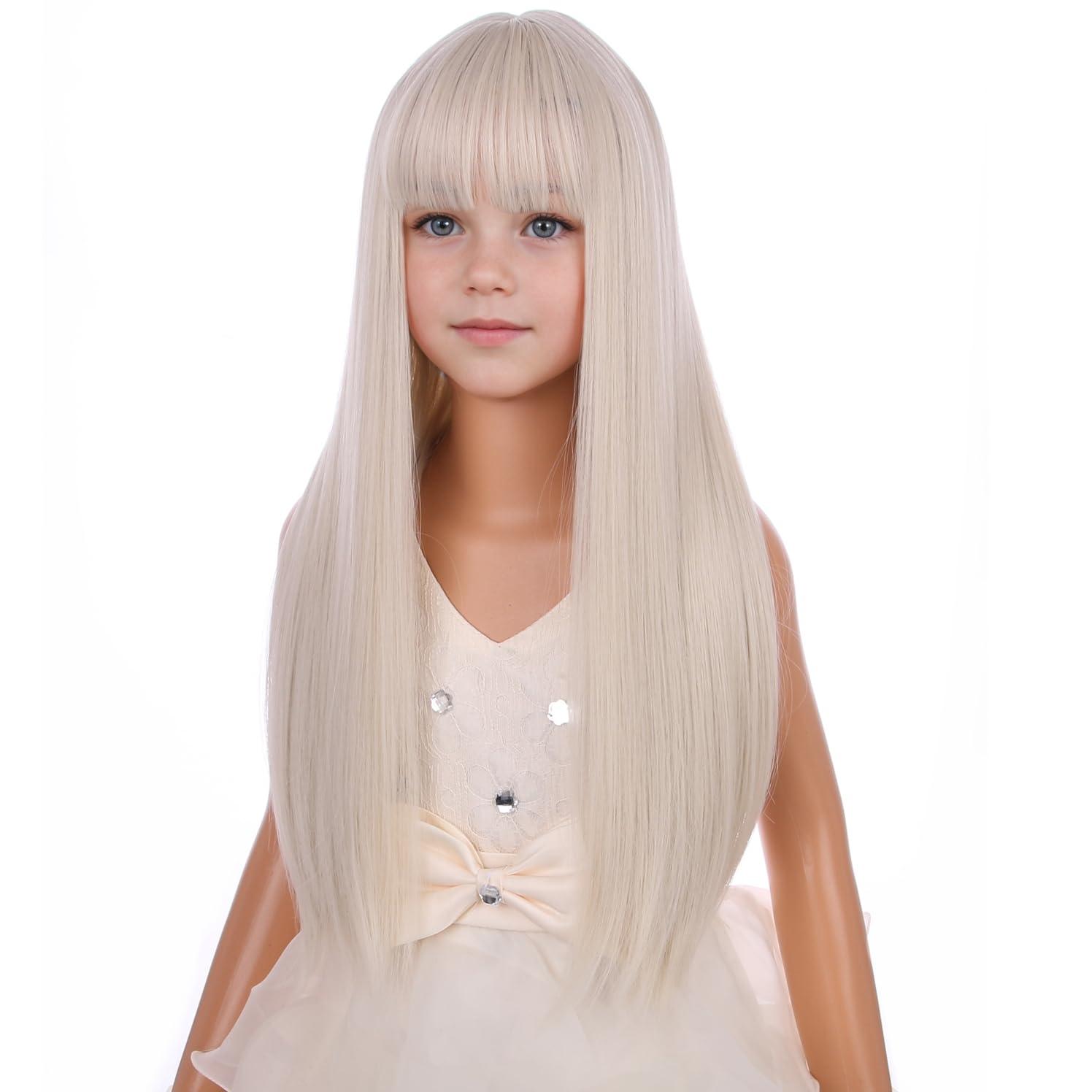 imagePlatinum Blonde Wig with Bangs for Kids Girls Long White Blonde Straight Wig for Child Heat Resistant Synthetic Wig with Wig Cap