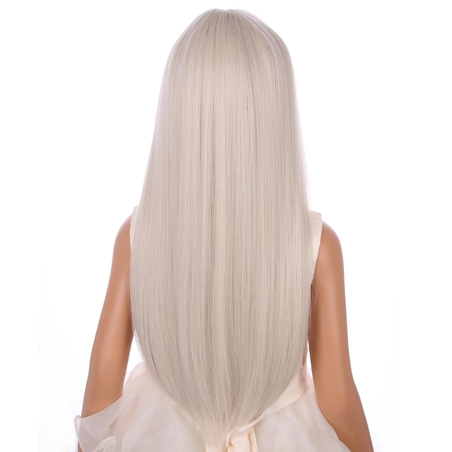 imagePlatinum Blonde Wig with Bangs for Kids Girls Long White Blonde Straight Wig for Child Heat Resistant Synthetic Wig with Wig Cap