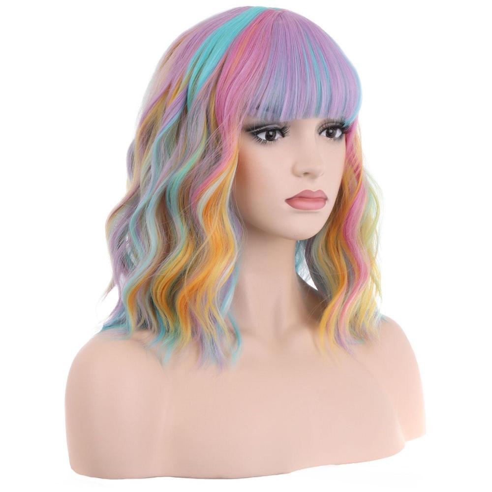 image14 Inches Rainbow Wig Short Wavy Pastel Wig with Bangs Multi Color Wigs for Women Girls Heat Resistant Synthetic Cosplay Costume WigsColorful