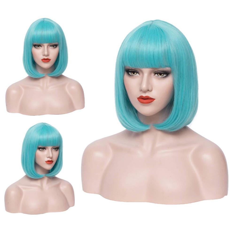 image14 Inches Rainbow Wig Short Wavy Pastel Wig with Bangs Multi Color Wigs for Women Girls Heat Resistant Synthetic Cosplay Costume WigsLight Blue