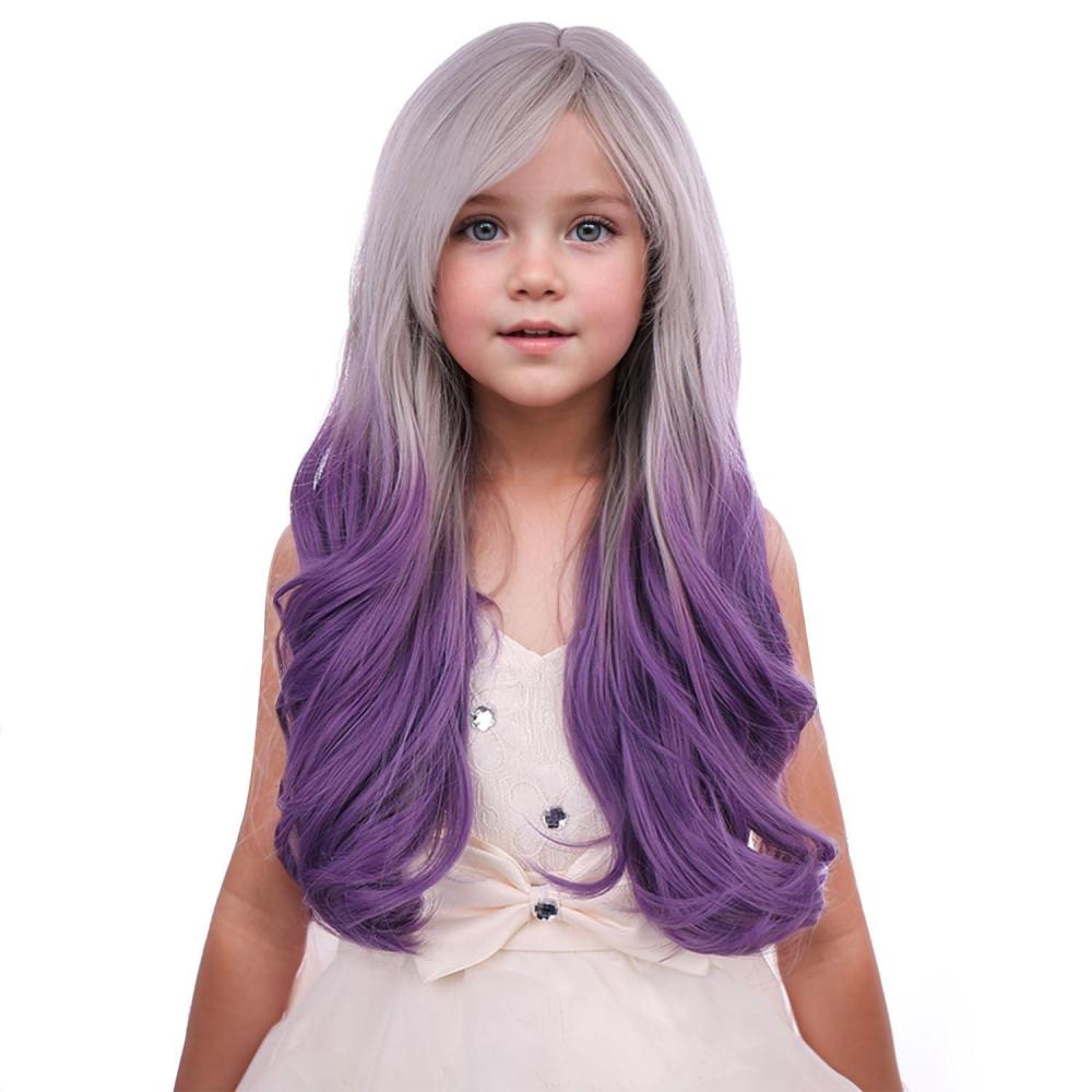 image14 Inches Rainbow Wig Short Wavy Pastel Wig with Bangs Multi Color Wigs for Women Girls Heat Resistant Synthetic Cosplay Costume WigsSilver Grey to Purple