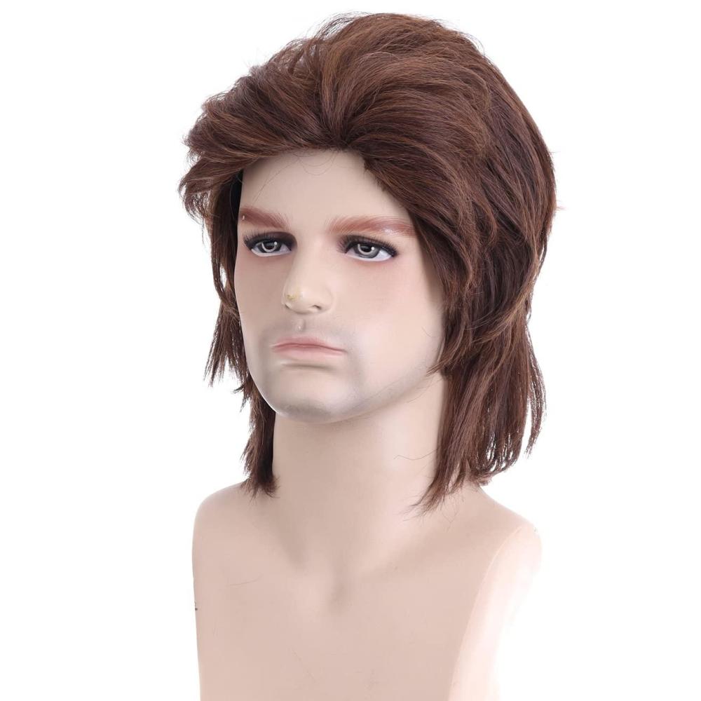 image80s Brown Male Wig Mens Mullet Punk Rocker Light Brown Curly Wig Cosplay Halloween Synthetic HairLight Brown