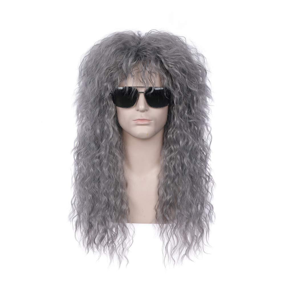 imageBlack 80s Men Wig 70s Heavy MetalMullet Rocker Wig for Men Women Cosplay Party UseDark Gray