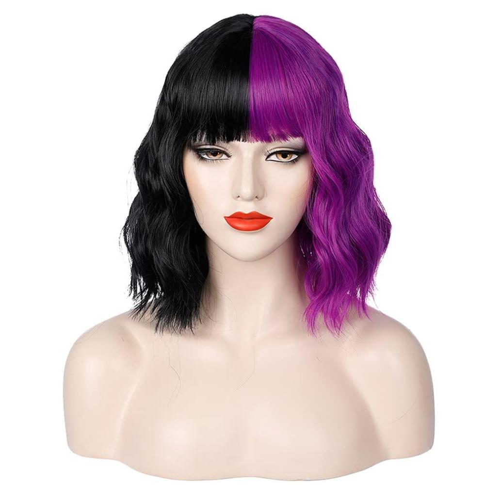 imageBlack and Blonde Wig Two Tone Short Curly Black Blonde Wig With Bangs Split Wigs for Women Heat Resistant Synthetic Hair Two Color Cosplay Party Wigs Half Blonde Half BlackPurple and Black