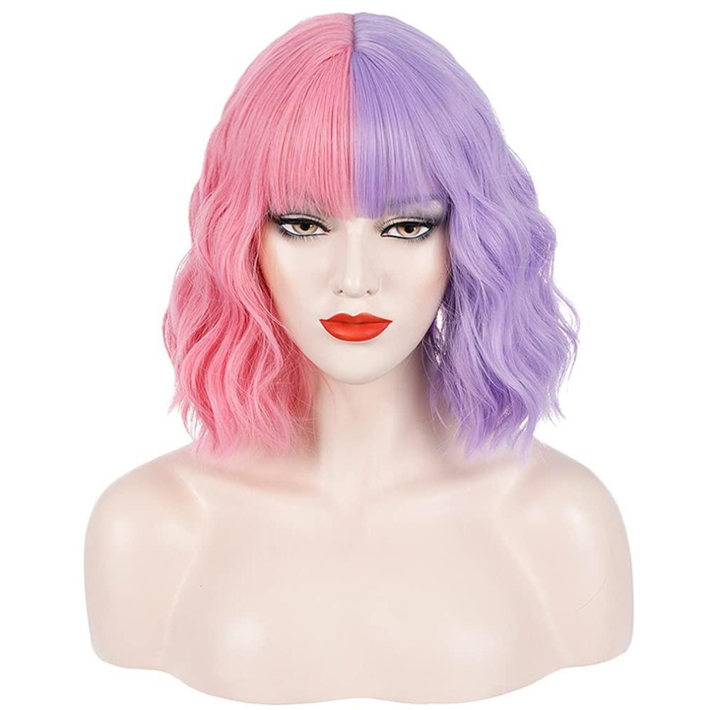 imageBlack and Blonde Wig Two Tone Short Curly Black Blonde Wig With Bangs Split Wigs for Women Heat Resistant Synthetic Hair Two Color Cosplay Party Wigs Half Blonde Half BlackPink and Purple