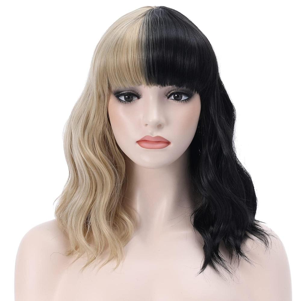 imageBlack and Blonde Wig Two Tone Short Curly Black Blonde Wig With Bangs Split Wigs for Women Heat Resistant Synthetic Hair Two Color Cosplay Party Wigs Half Blonde Half BlackHalf Blonde Half Black