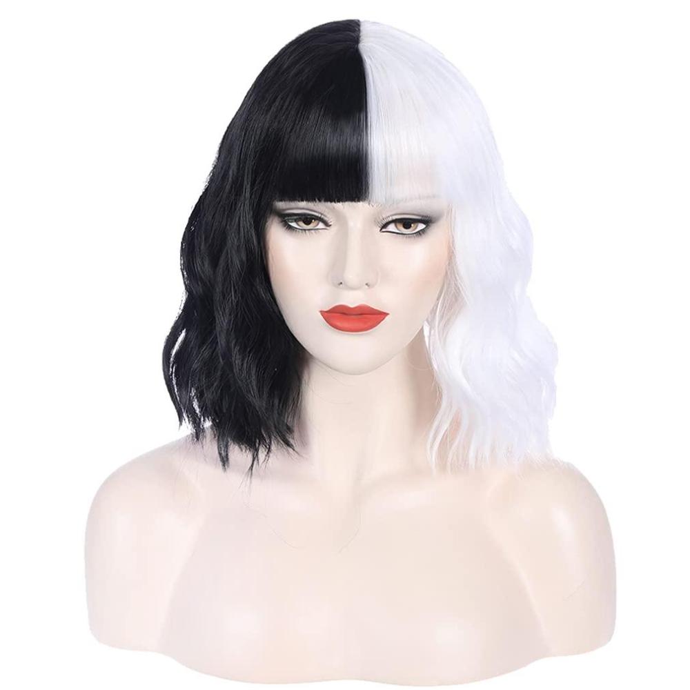 imageBlack and Blonde Wig Two Tone Short Curly Black Blonde Wig With Bangs Split Wigs for Women Heat Resistant Synthetic Hair Two Color Cosplay Party Wigs Half Blonde Half BlackBlack and White