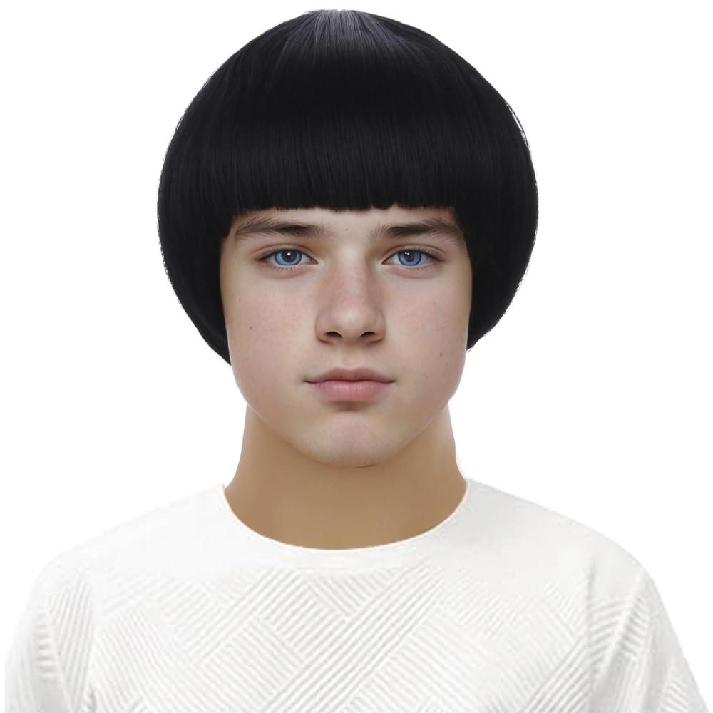 imageBoys Dark Brown Mushroom Wig Kids Short Brown Bowl Cut Wigs Children Synthetic Wigs for Halloween Cosplay Party CostumeBlack