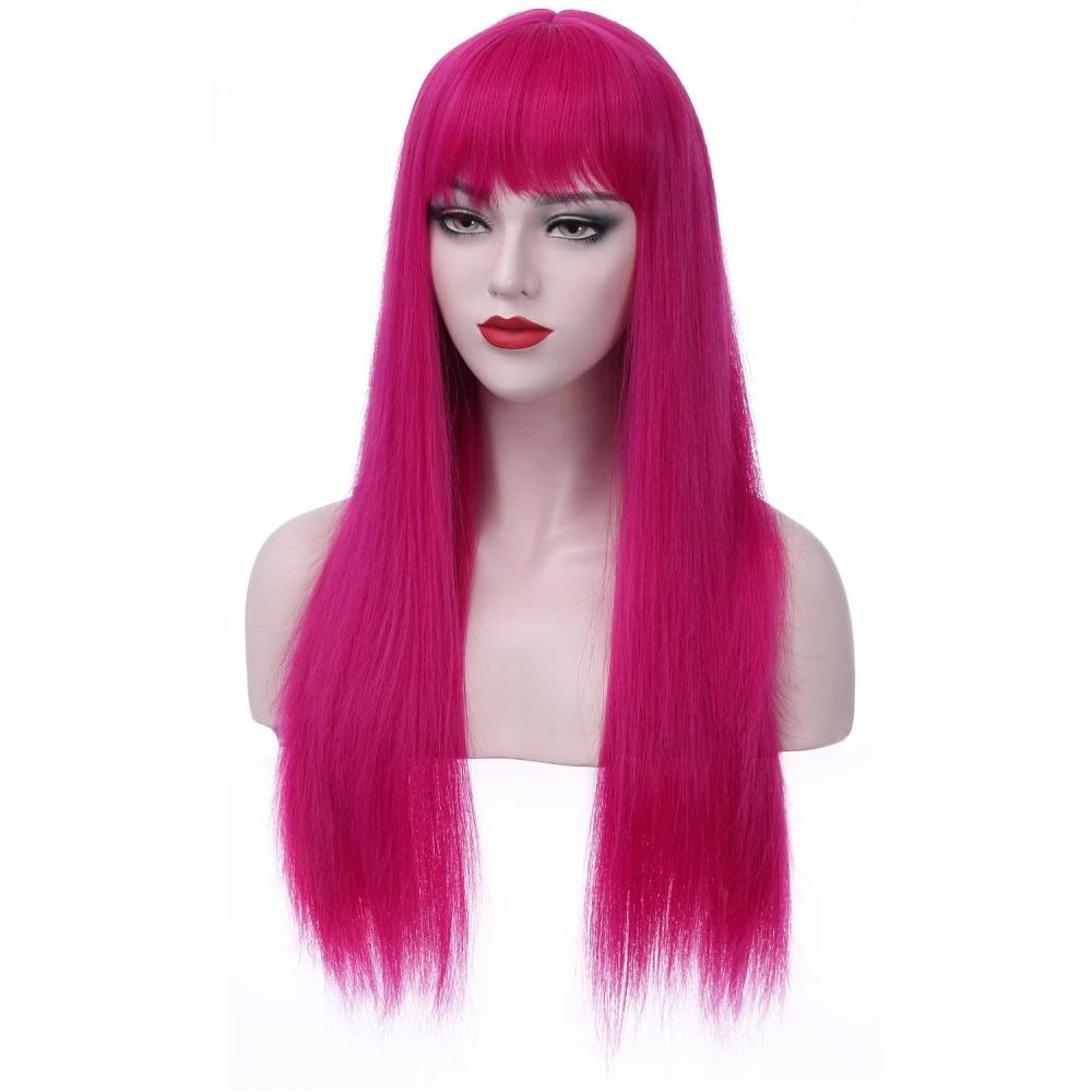 imageDark Orange for Women Long Straight Orange Wig Ginger Wigs Auburn Wigs Heat Resistant Synthetic HairHot Pink