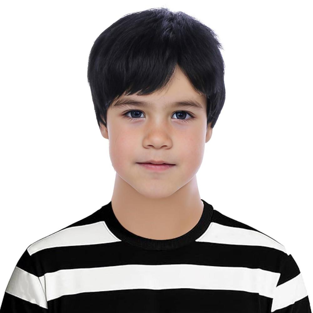 imageKids Black Wig Boys Short Black Straight Wigs Children Side Part Wig Synthetic Cosplay Costume Halloween Daily WigsBlack