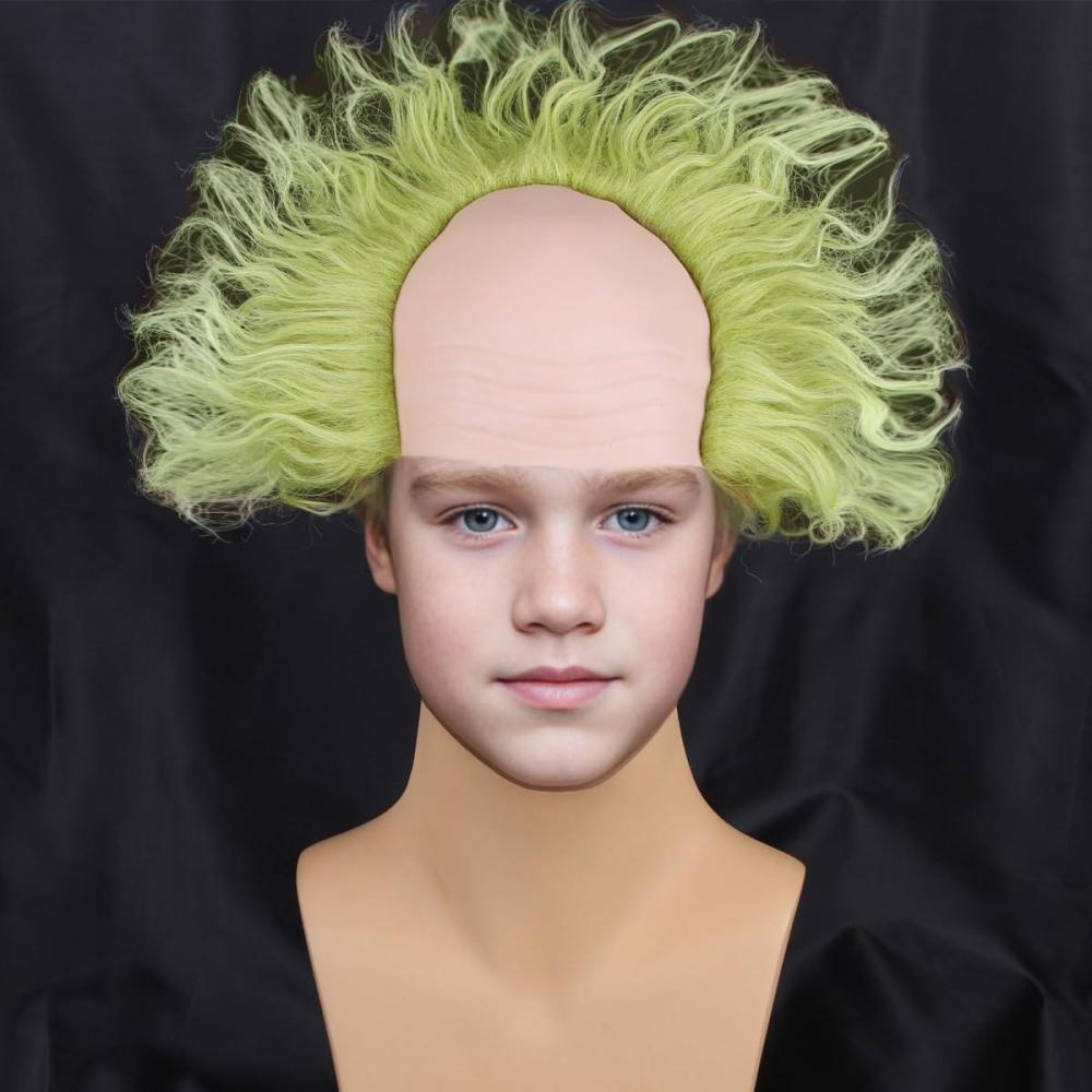 imageKids Green Wig with Bald Cap Child Short Ombre Green Wig Fluffy Wavy Wigs Cosplay Costume Halloween WigsGreen