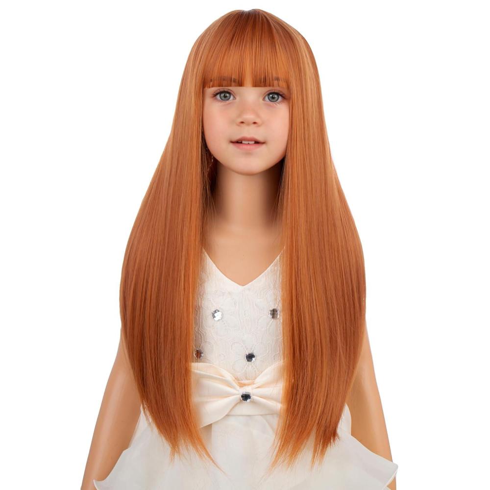 imageKids Long Straight Blonde Wig with Bang Child Girls Blonde Long Wigs Synthetic Cosplay Party Synthetic Rose Net WigAuburn