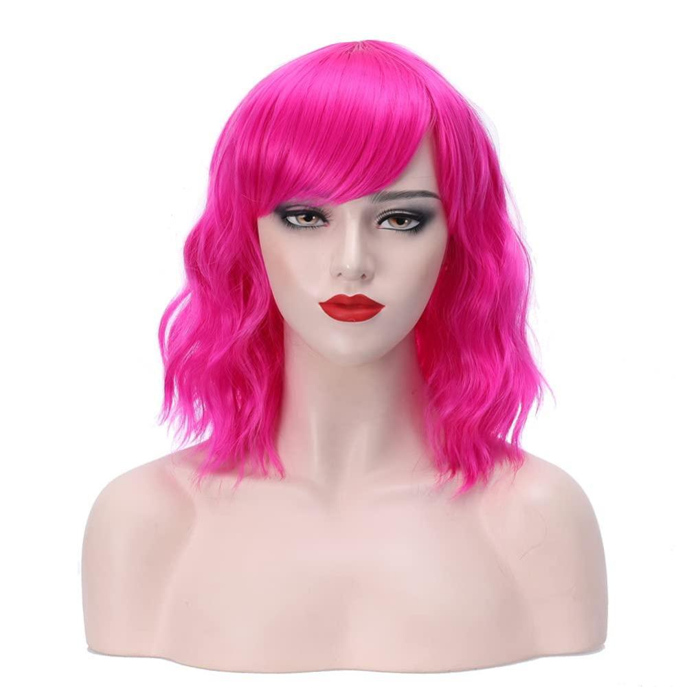 imageLime Green Wig Short Wavy Fluorescent Green Wigs for Women Girls Green Wig with Bangs Synthetic WigsHot Pink