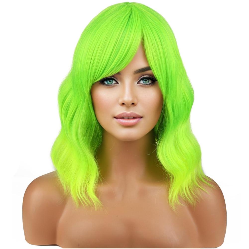 imageLime Green Wig Short Wavy Fluorescent Green Wigs for Women Girls Green Wig with Bangs Synthetic WigsLime Green