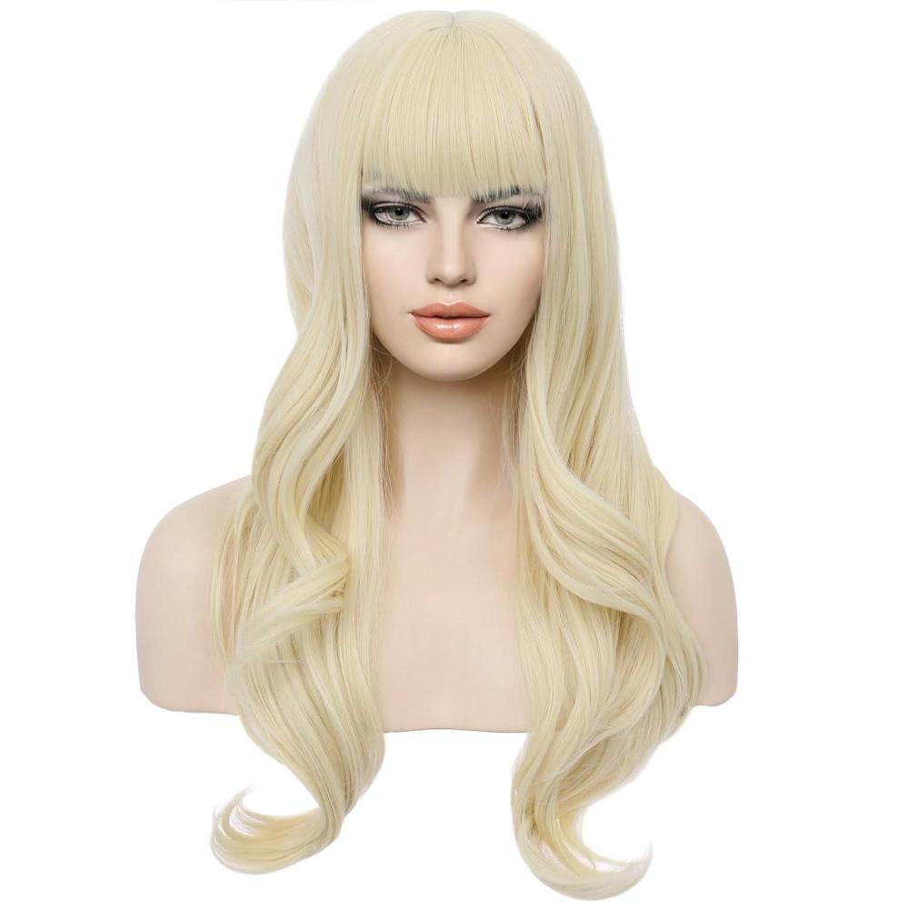 imageLong Strawberry Blonde Wig with Bangs Blonde Wavy Curly Wig for Women Synthetic Hair Heat Resistant WigsLight Blonde
