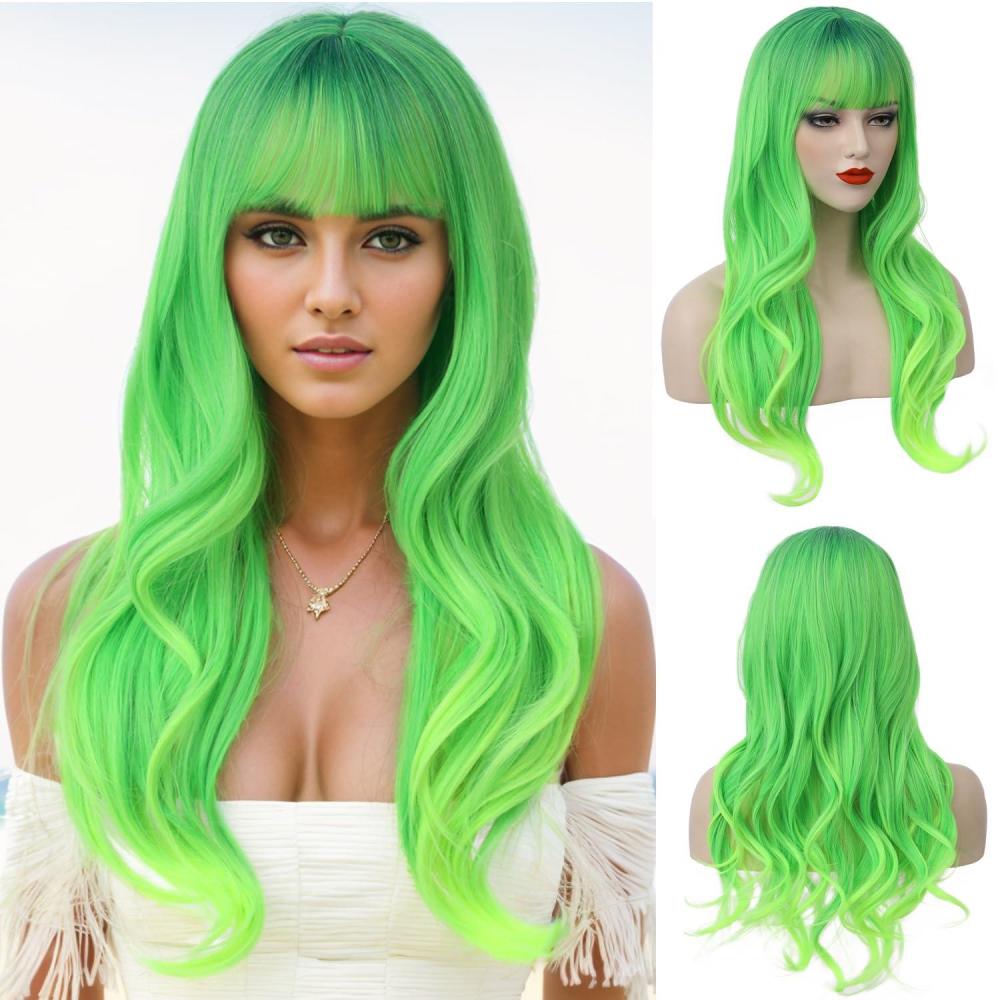 imageLong Strawberry Blonde Wig with Bangs Blonde Wavy Curly Wig for Women Synthetic Hair Heat Resistant WigsLime Green