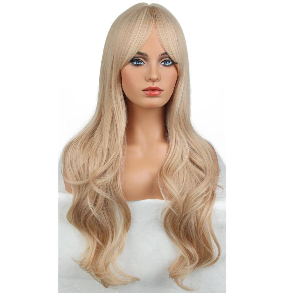 imageLong Strawberry Blonde Wig with Bangs Blonde Wavy Curly Wig for Women Synthetic Hair Heat Resistant WigsStrawberry Blonde