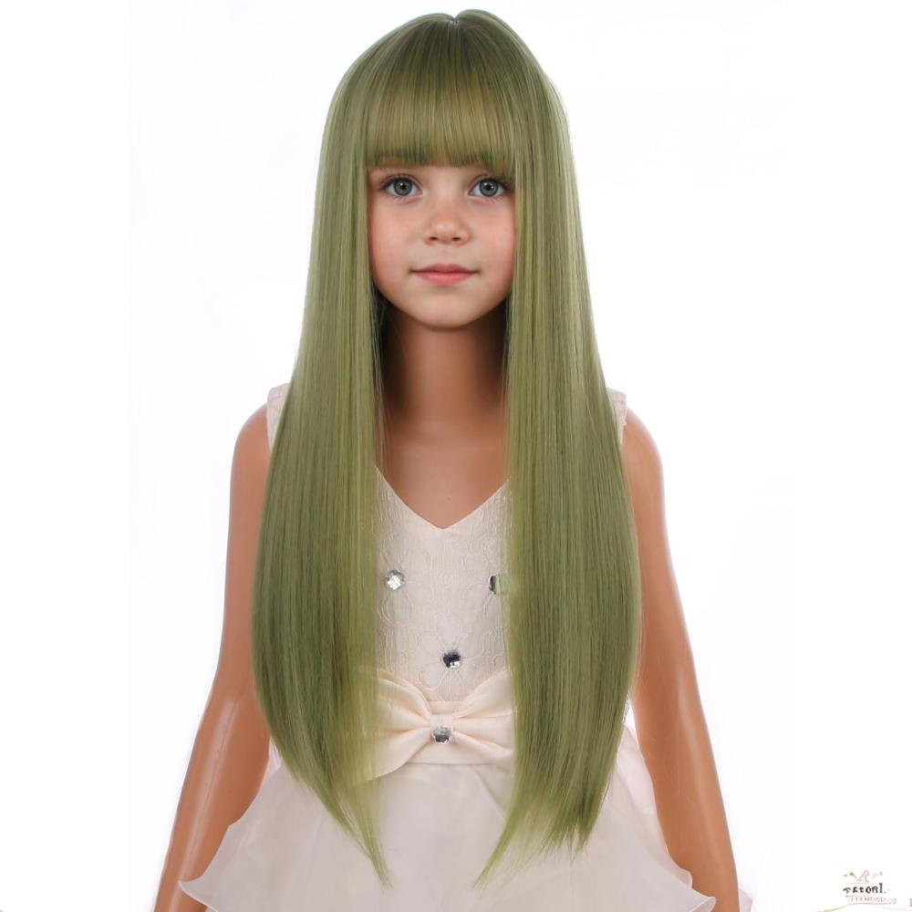 imageMatcha Green Wig for Girls Kids Green Wig with Bangs Child Long Straight Green Synthetic Wig with Wig Cap
