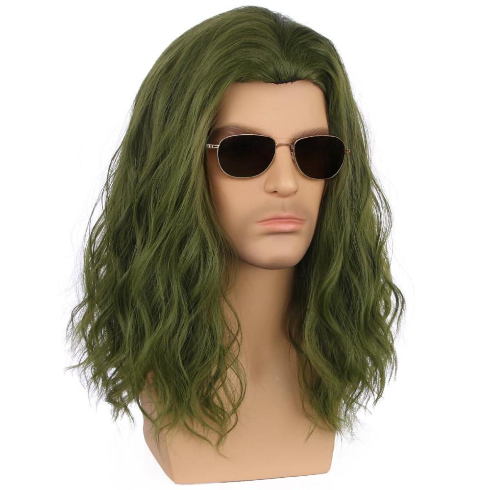 imageMens Light Blonde Wig Long Wavy Blonde Wig for Men Male Shoulder Length Hair Synthetic WigsGreen