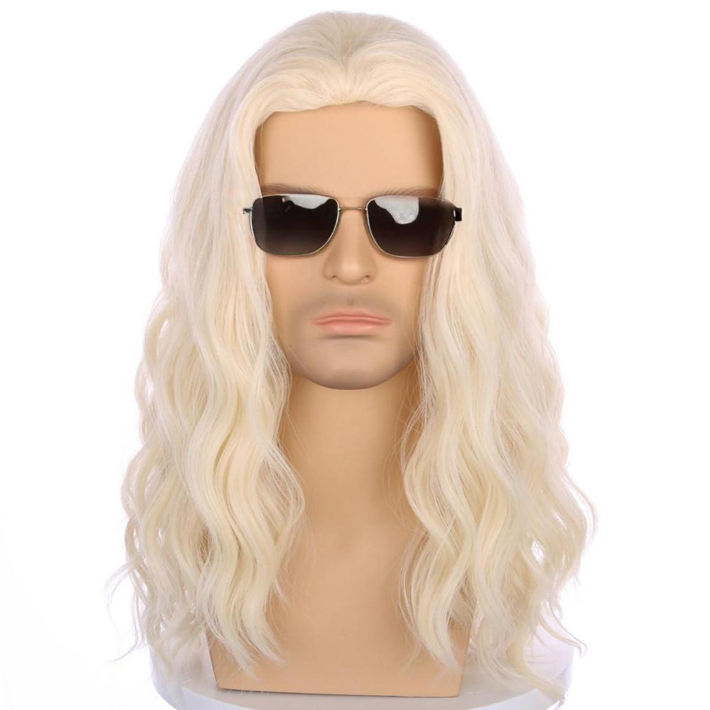 imageMens Light Blonde Wig Long Wavy Blonde Wig for Men Male Shoulder Length Hair Synthetic WigsLight Blonde