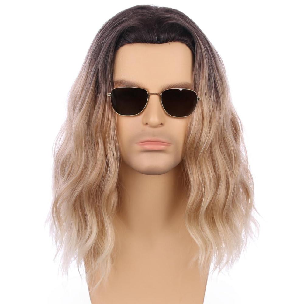imageMens Light Blonde Wig Long Wavy Blonde Wig for Men Male Shoulder Length Hair Synthetic WigsOmbre Blonde