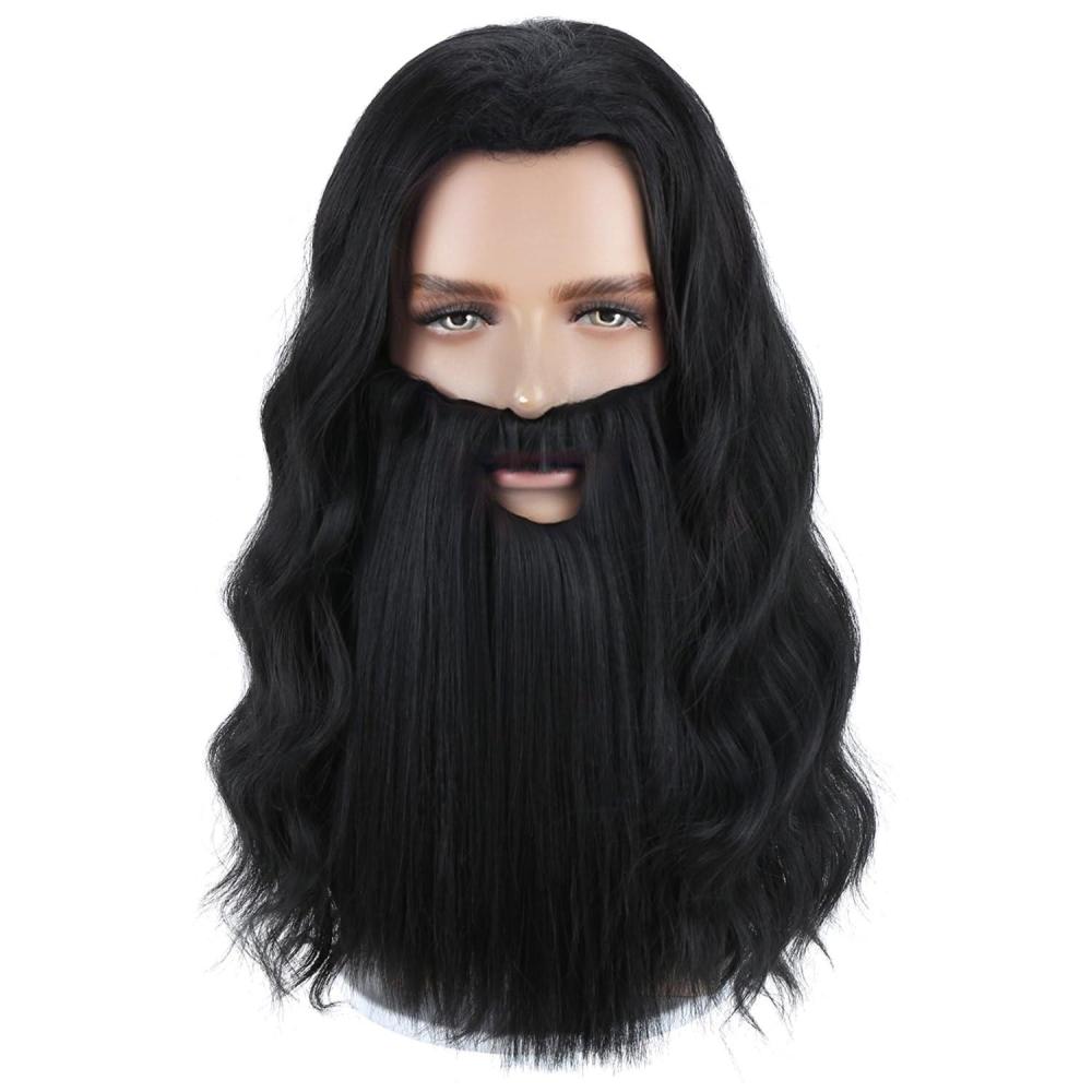 imageMens Wigs and Beard Long Gray Wig for Men Long Gray Cosplay Halloween Costume Synthetic Wigs with Wig CapBlack