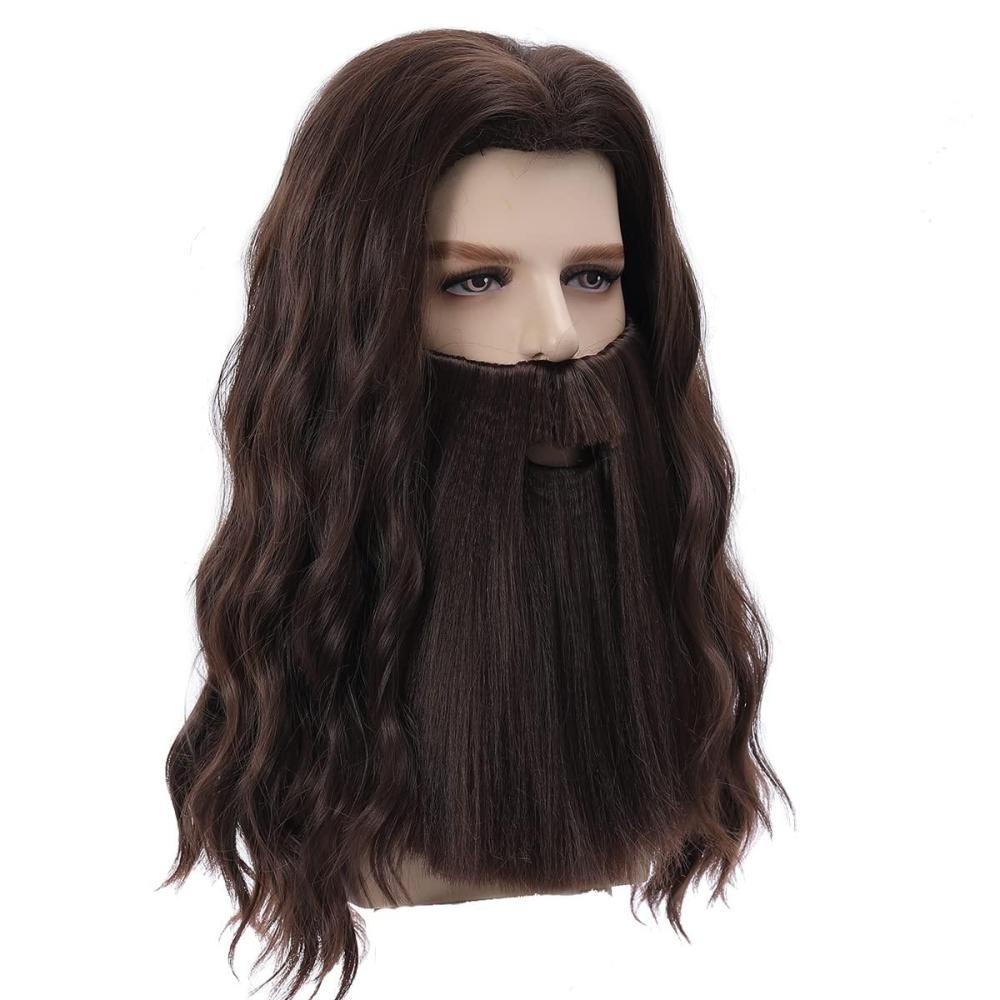 imageMens Wigs and Beard Long Gray Wig for Men Long Gray Cosplay Halloween Costume Synthetic Wigs with Wig CapDark Brown