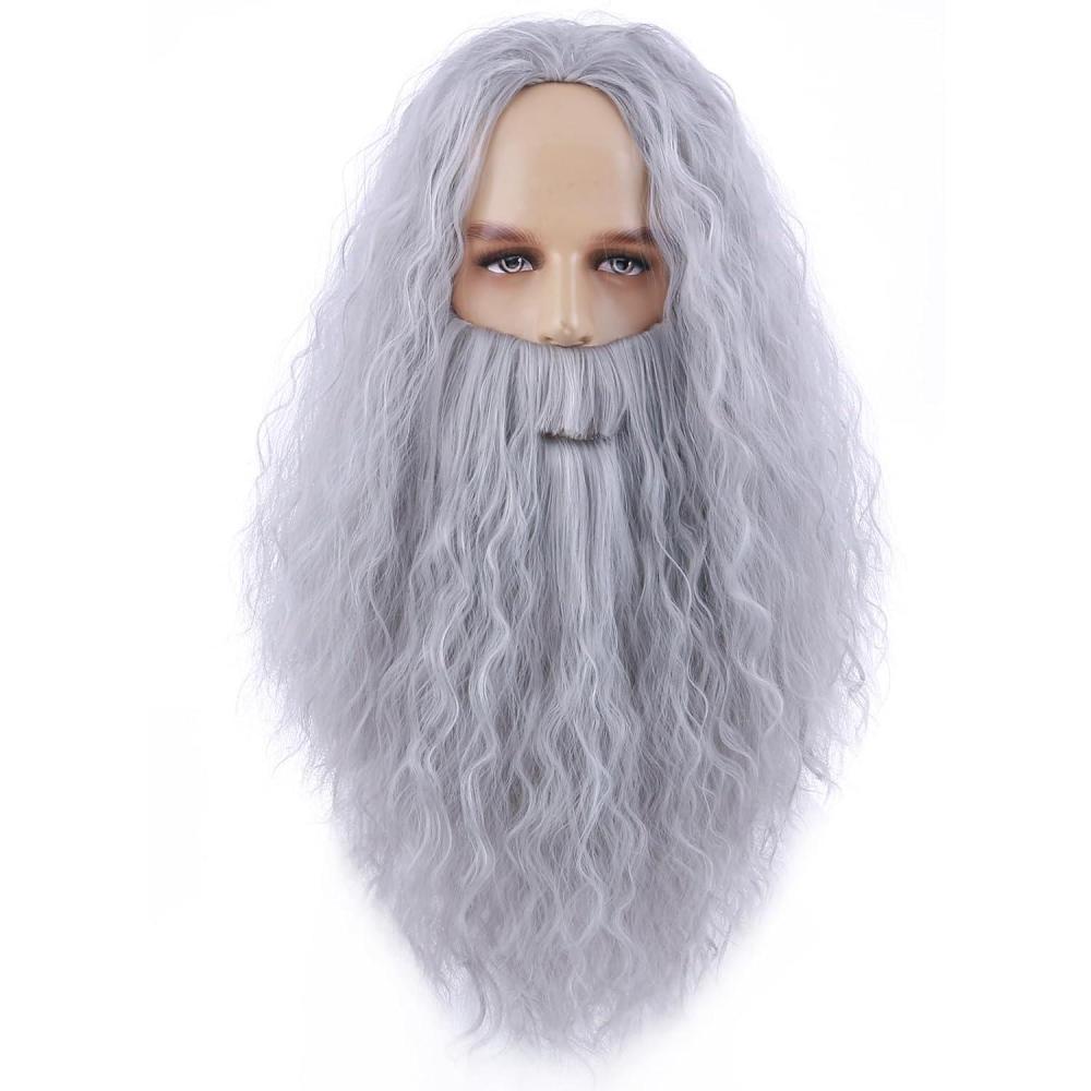 imageMens Wigs and Beard Long Gray Wig for Men Long Gray Cosplay Halloween Costume Synthetic Wigs with Wig CapGray