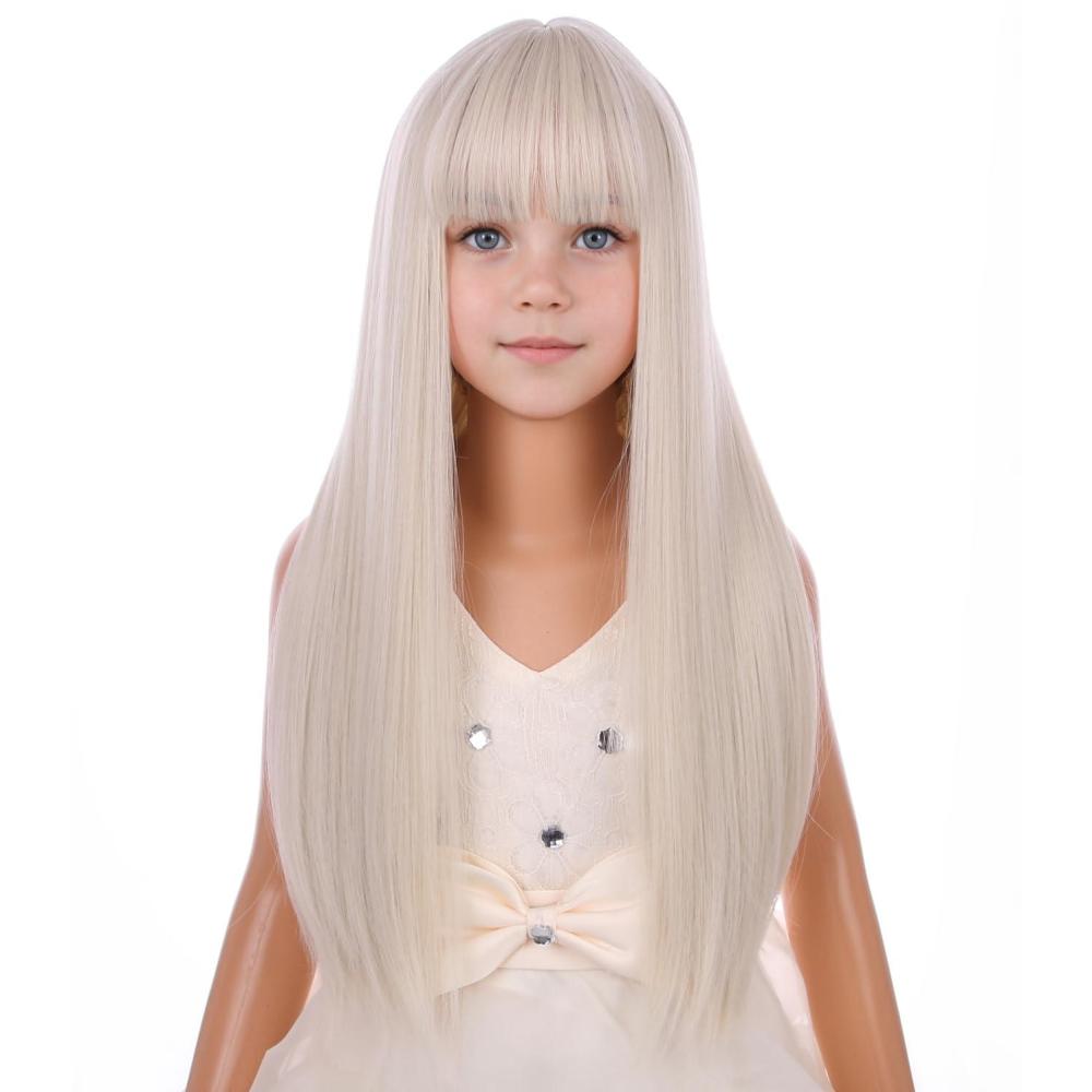 imagePlatinum Blonde Wig with Bangs for Kids Girls Long White Blonde Straight Wig for Child Heat Resistant Synthetic Wig with Wig Cap