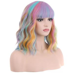 14 Inches Rainbow Wig Short Wavy Pastel Wig with Bangs Multi Color Wigs for Women Girls Heat Resistant Synthetic Cosplay Costume Wigs(Colorful)
