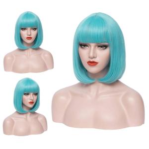 14 Inches Rainbow Wig Short Wavy Pastel Wig with Bangs Multi Color Wigs for Women Girls Heat Resistant Synthetic Cosplay Costume Wigs(Light Blue)