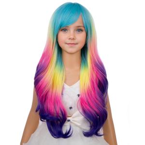 14 Inches Rainbow Wig Short Wavy Pastel Wig with Bangs Multi Color Wigs for Women Girls Heat Resistant Synthetic Cosplay Costume Wigs(Rainbow)