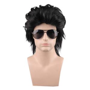 80s Brown Male Wig Men’s Mullet Punk Rocker Light Brown Curly Wig Cosplay Halloween Synthetic Hair(Black)