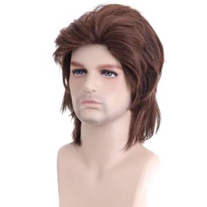 80s Brown Male Wig Men’s Mullet Punk Rocker Light Brown Curly Wig Cosplay Halloween Synthetic Hair(Light Brown)