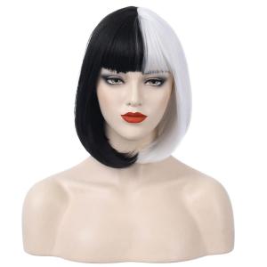 Black White Bob Wig Short Straight Wig with Bangs Two Color Bob Wig for Women and Girls Synthetic Wig (Black White)(Black White)