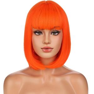 Black White Bob Wig Short Straight Wig with Bangs Two Color Bob Wig for Women and Girls Synthetic Wig (Black White)(Bright Orange)