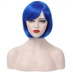 Black White Bob Wig Short Straight Wig with Bangs Two Color Bob Wig for Women and Girls Synthetic Wig (Black White)(Royal Blue)