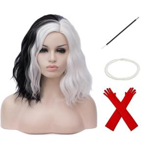 Black White Wig Short Wavy Wig Black and White Wig Women Girls Split Wig Two Color Wig Shoulder Length Rose Net Curly Synthetic Cosplay Party Costume Wig (Black and White)(Black and White)