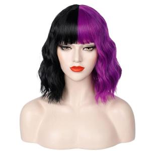 Black and Blonde Wig Two Tone Short Curly Black Blonde Wig With Bangs Split Wigs for Women Heat Resistant Synthetic Hair Two Color Cosplay Party Wigs (Half Blonde Half Black)(Purple and Black)