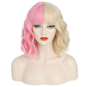 Black and Blonde Wig Two Tone Short Curly Black Blonde Wig With Bangs Split Wigs for Women Heat Resistant Synthetic Hair Two Color Cosplay Party Wigs (Half Blonde Half Black)(Pink and Blonde)