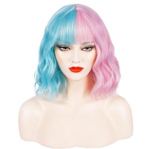 Black and Blonde Wig Two Tone Short Curly Black Blonde Wig With Bangs Split Wigs for Women Heat Resistant Synthetic Hair Two Color Cosplay Party Wigs (Half Blonde Half Black)(Light Blue and Pink)