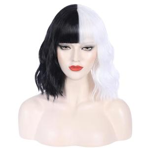 Black and Blonde Wig Two Tone Short Curly Black Blonde Wig With Bangs Split Wigs for Women Heat Resistant Synthetic Hair Two Color Cosplay Party Wigs (Half Blonde Half Black)(Black and White)