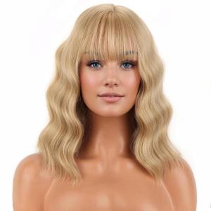 Flaxen Blonde Wig Short Curly Mixed Blonde Wig Flaxen Wigs with Bang for Women Girls Synthetic Hair Cosplay Costume Wigs(Flaxen Blonde)