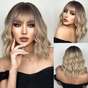 Flaxen Blonde Wig Short Curly Mixed Blonde Wig Flaxen Wigs with Bang for Women Girls Synthetic Hair Cosplay Costume Wigs(Ombre Blonde)