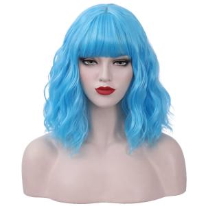 Flaxen Blonde Wig Short Curly Mixed Blonde Wig Flaxen Wigs with Bang for Women Girls Synthetic Hair Cosplay Costume Wigs(Sky Blue)