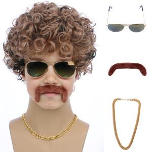 Kids Disco Blonde Mixed Brown Wig Boys Child Short Curly Blonde Brown Afro Wig 70’S Costumes Synthetic hair Wigs for Halloween Party(Blonde Mixed Brown)