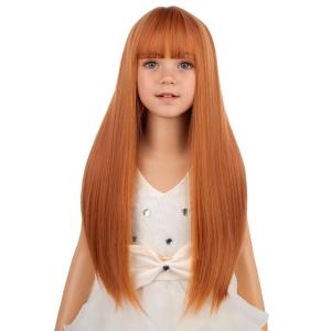 Kids Long Straight Blonde Wig with Bang Child Girls Blonde Long Wigs Synthetic Cosplay Party Synthetic Rose Net Wig(Auburn)